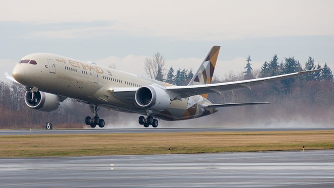 Etihad's first Boeing 787-9 is delivered from Seattle on Jan.  3, 2015.