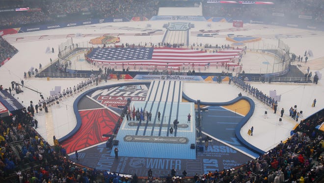 A general view during the playing of the national anthem before the 2017 Winter Classic at Busch Stadium.