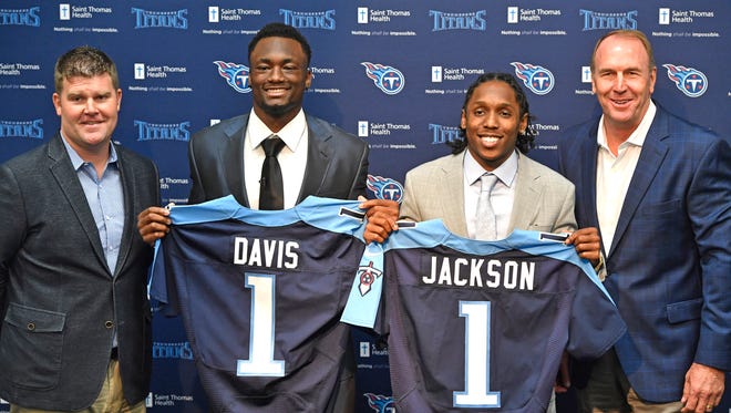 Titans introduce first-round draft picks, Western Michigan wide receiver Corey Davis and Southern Cal cornerback Adoree' Jackson, in the auditorium at Saint Thomas Sports Park. With Titans general manager Jon Robinson, left, and coach Mike Mularkey on Friday April 28, 2017.