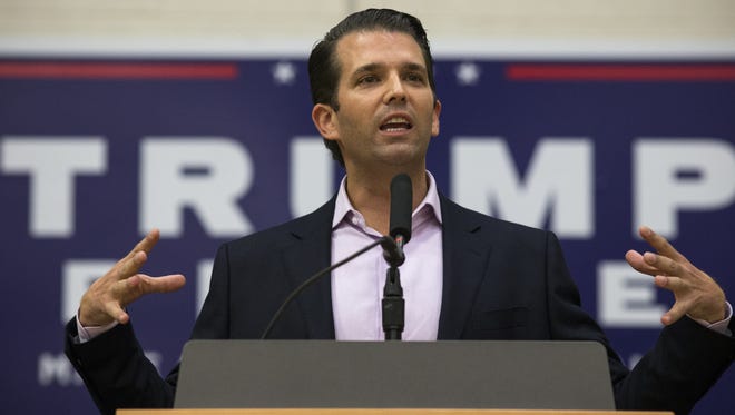 Donald J. Trump Jr. speaks to a crowd on Oct. 27, 2016, at the ASU Sun Devil Recreation Center in Tempe.
