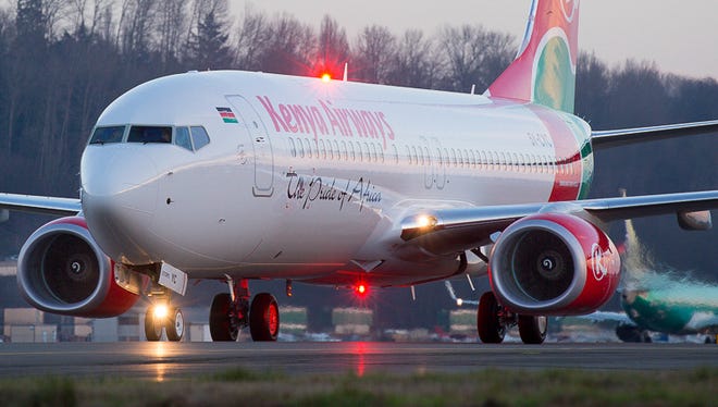 A Kenya Airways Boeing 737-800 lights up a taxiway at Seattle's Boeing Field on Jan. 8, 2015. The field is near Boeing's 737 factory in Renton, Wash.