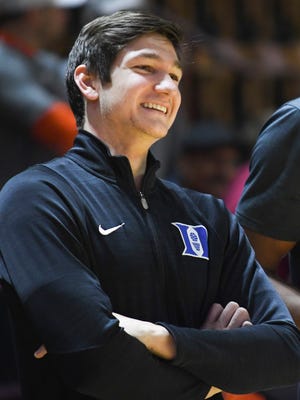 Duke Blue Devils guard Grayson Allen looks on prior to the game against the Virginia Tech Hokies at Cassell Coliseum.