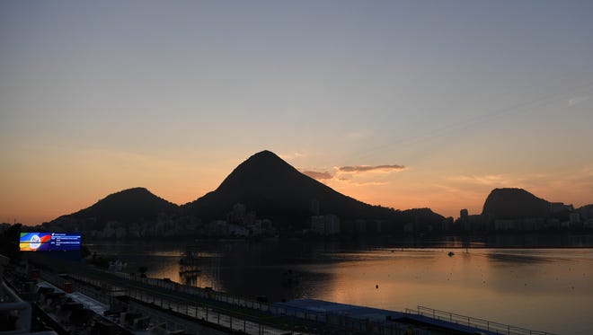 A general view as the sun rises before the start of the first day of rowing competition.