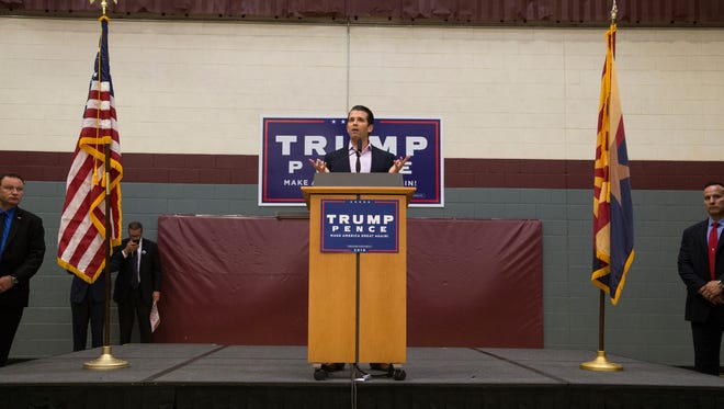 Donald Trump Jr. speaks during a rally Oct. 27, 2016, at the ASU Sun Devil Recreation Center in Tempe.