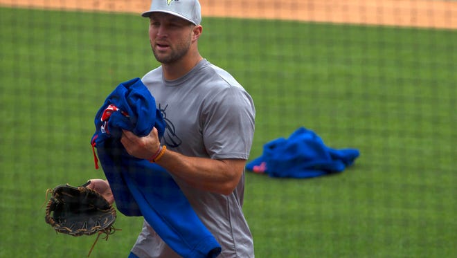 April 6: Tim Tebow prepares for his first minor league game with the Columbia Fireflies.