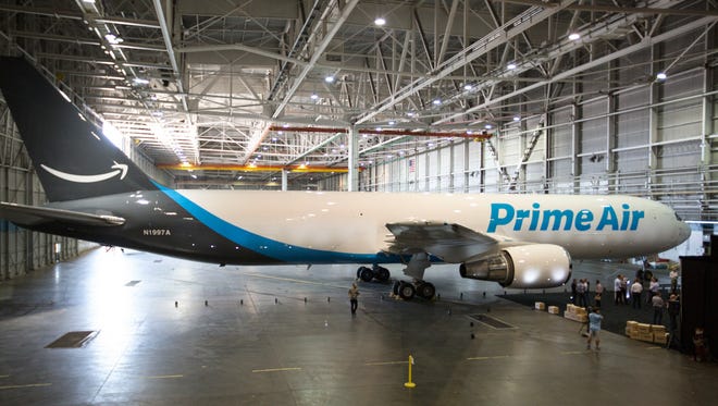 Amazon One, the first in Amazon's branded fleet of 40 Boeing air cargo 767s.