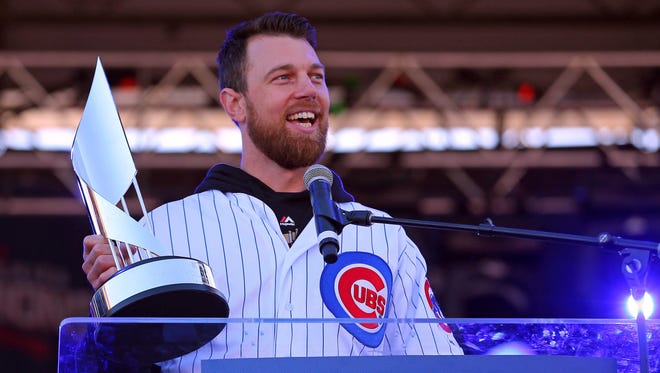 Chicago Cubs left fielder Ben Zobrist talks during the World Series victory rally in Grant Park.