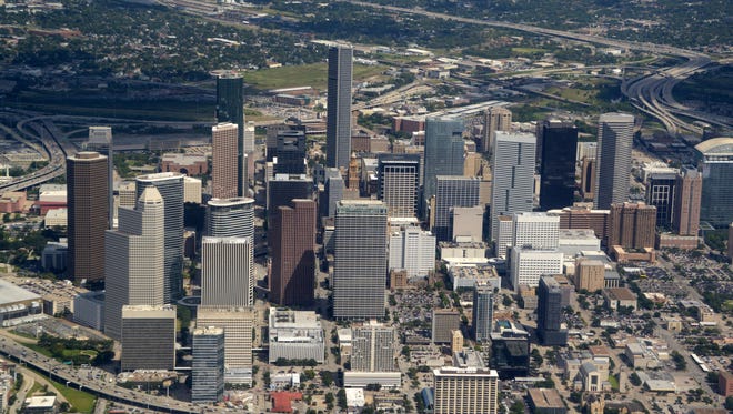 An aerial view of the downtown Houston skyline from October 2014. Houston's Bush Intercontinental Airport is United's second-biggest hub (by passengers).