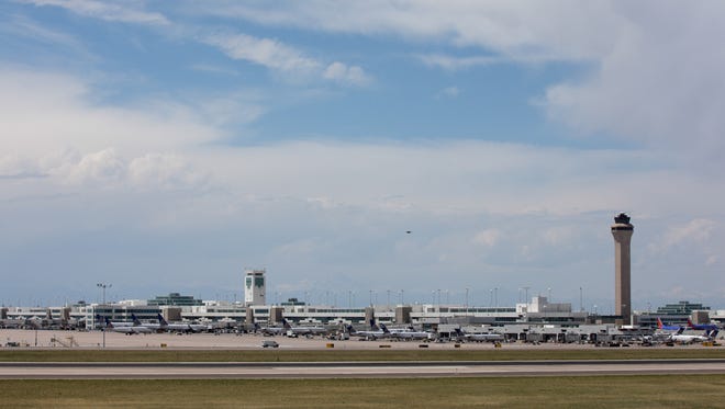 Denver's sprawling Terminal B stretches across the horizon at Denver International Airport on May 7, 2017.