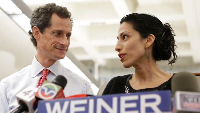 Abedin speaks during a news conference alongside Weiner at the Gay Men's Health Crisis headquarters in New York on July 23, 2013. Weiner addressed news of allegations that he engaged in lewd online conversations with a woman after he resigned from Congress for similar previous incidents.