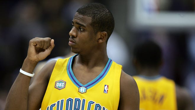 2005: New Orleans Hornets' Chris Paul reacts as time runs out.