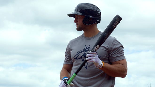 April 6: Tim Tebow preps before his first minor league game.