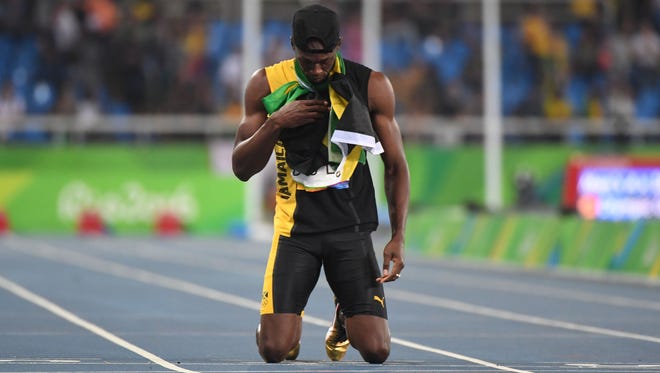 Usain Bolt (JAM) after winning the men's 4x100m relay final in the Rio 2016 Summer Olympic Games at Estadio Olimpico Joao Havelange.