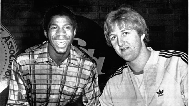 1979: Earvin Magic Johnson (left), of Michigan State, and Larry Bird of Indiana State pose before the 1979 NCAA Finals.