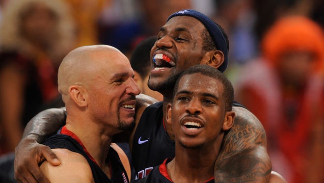 2008: USA players Jason Kidd, from left, LeBron James and Chris Paul celebrate their victory over Spain.