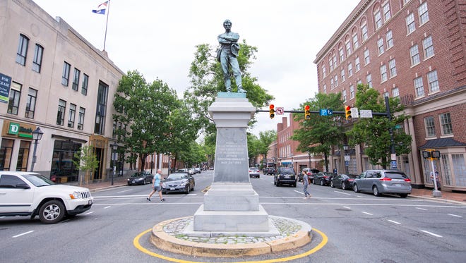 A statue of an unarmed confederate soldier stands at the intersection of Prince and Washington streets in Alexandria, Va. The monument titled "Appomattox", was erected in 1889 as a memorial to soldiers from Alexandria who were killed in the civil war. The statue marks the spot were soldiers from Alexandria left to join the Confederate Army.
