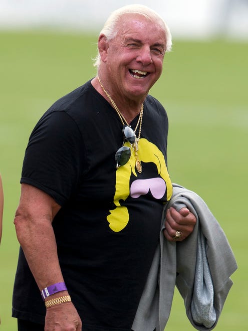 Former professional wrestler "Nature Boy" Ric Flair visits the Atlanta Falcons during the team's NFL training camp on Aug. 2, 2017.