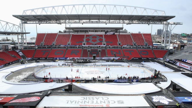 A general view of BMO Field as the Red Wings practice two days before playing against the Maple Leafs in the Centennial Classic.
