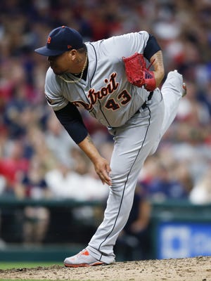 Bruce Rondon pitches during the eighth inning of the Tigers' 4-0 loss July 8, 2017 in Cleveland.