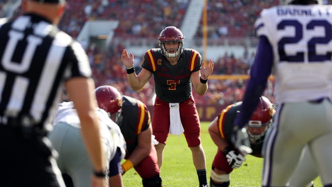 Iowa State Cyclones quarterback Joel Lanning (7) sets the offense at the goal line against the Kansas State Wildcats at Jack Trice Stadium. The Wildcats beat the Cyclones 31-26.