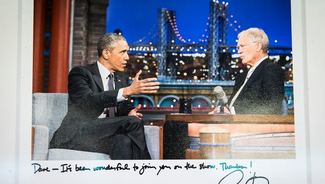 A photo of David Letterman with Barack Obama donated to Ball State's Bracken Library archives.