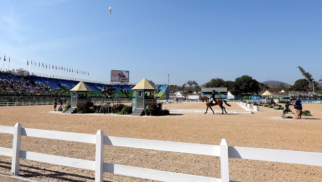 An overall view of the stadium during equestrian eventing dressage in Rio 2016 Summer Olympic Games at Olympic Equestrian Centre.