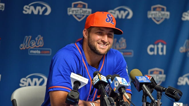 June 27: Tim Tebow addresses the media prior to debut with the St. Lucie Mets in the Florida Atlantic League.
