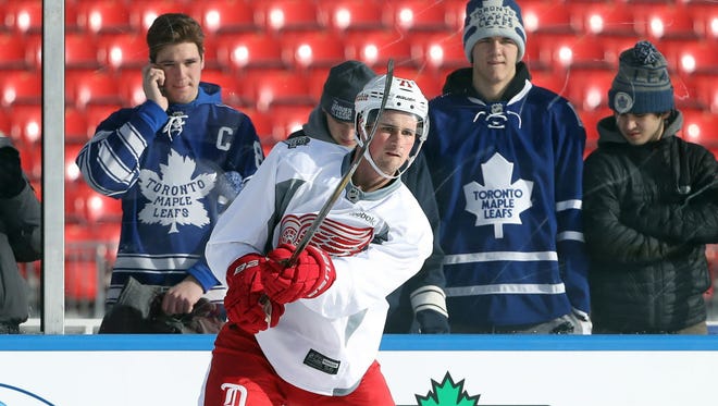Red Wings center Dylan Larkin (71) practices for the Centennial Classic.