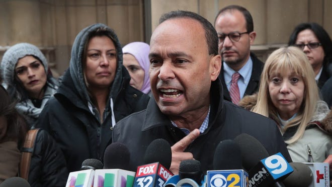 Rep. Luis Gutierrez, D-Ill., speaks to the press after leaving the office of Immigration Services where he was briefly handcuffed and detained after refusing to leave a meeting with U.S. Immigration and Customs Enforcement officials on March 13, 2017 in Chicago, Illinois. Gutierrez and several others activists were at the ICE office advocating on behalf of specific individuals facing deportation and about the general policies of ICE under the administration of President Donald Trump.