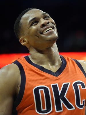 Oklahoma City Thunder guard Russell Westbrook (0) reacts after a play against the Boston Celtics during the fourth quarter at Chesapeake Energy Arena.