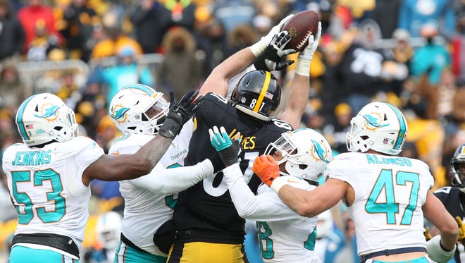 Pittsburgh Steelers tight end Jesse James (81) catches the ball against the Miami Dolphins during the first half in the AFC Wild Card playoff football game at Heinz Field.