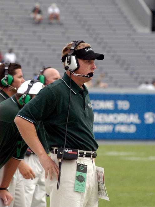 Briarcrest Christian School head coach Hugh Freeze, shown at the Bridges Kickoff Classic in Memphis at the start of the 2004 season, got the big trophy for the second time in 3 years at the end of the season.