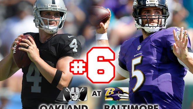6. Raiders at Ravens: Oakland could pose a tough test for Baltimore, one of the NFL's early season surprises.
