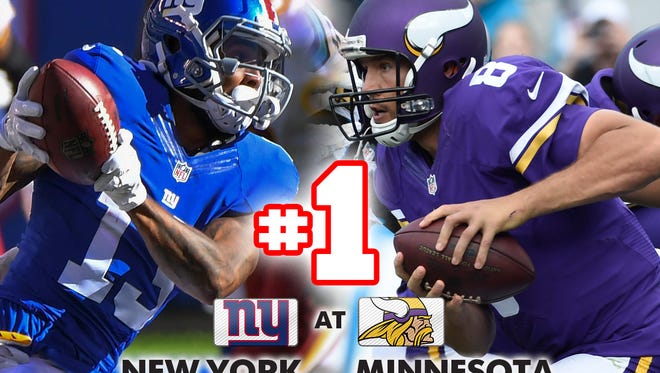 1. Giants at Vikings: Ben McAdoo's high-powered offense against Mike Zimmer's stout defense makes for a fine close to the week on Monday night.