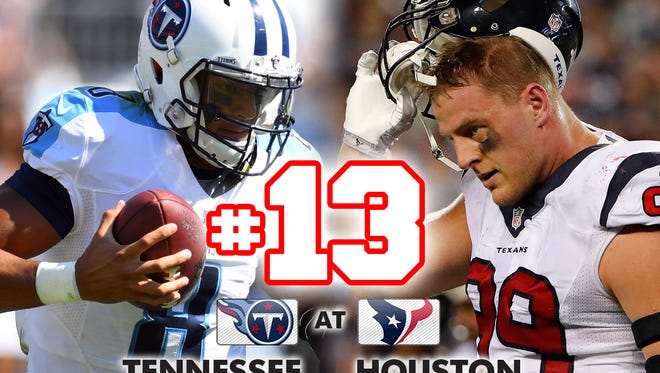 13. Titans at Texans: Houston won't have J.J. Watt, but its defense still has plenty of playmakers to throw off Marcus Mariota and DeMarco Murray.