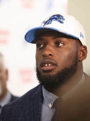 Lions first round draft pick Jarrad Davis talks to reporters at the Allen Park practice facility Friday, April 28, 2017.