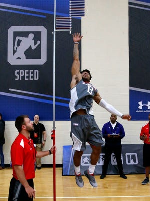 Kansas' Frank Mason III participates in the standing vertical jump at the NBA basketball draft combine.