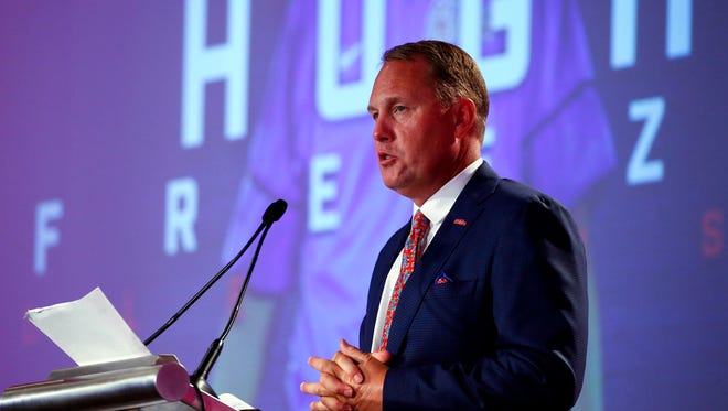 Mississippi NCAA college football coach Hugh Freeze speaks during the Southeastern Conference's annual media gathering July 13, 2017 in Hoover, Ala.