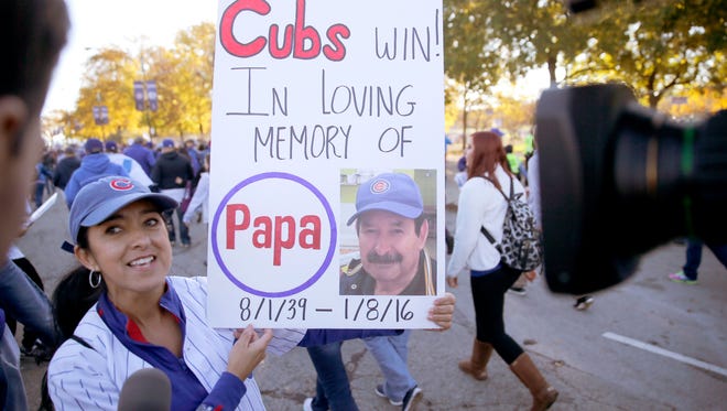 A Chicago Cubs fan is interviewed as she heads to Grant Park.