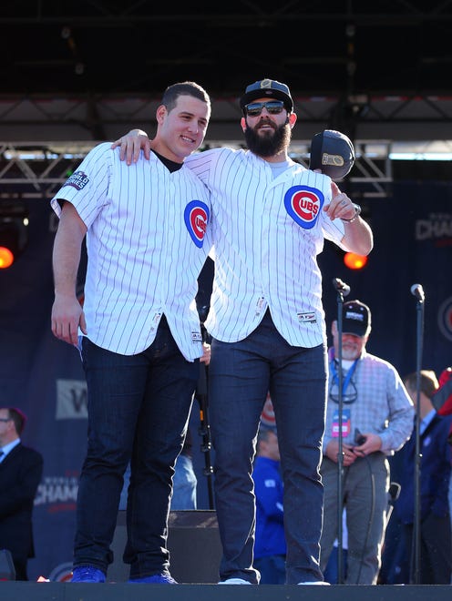 Cubs first baseman Anthony Rizzo and starting pitcher Jake Arrieta during the World Series victory rally in Grant Park.