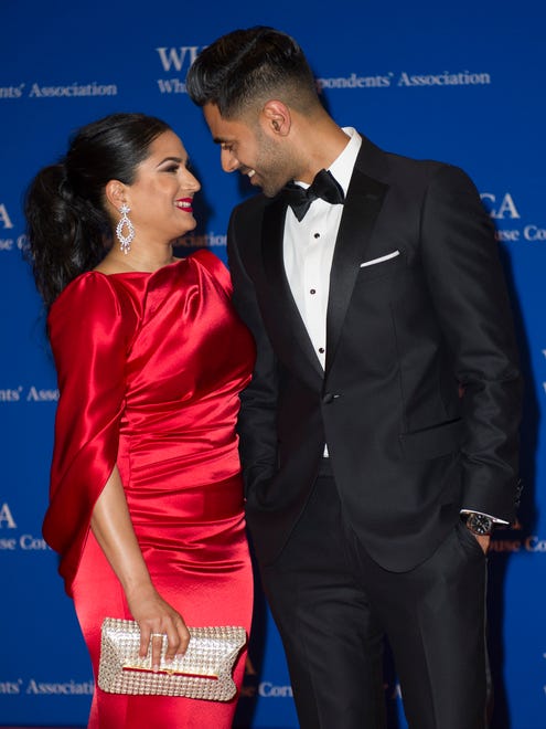 'The Daily Show' correspondent Hasan Minhaj and his wife Beena pose as they arrive to attend the Correspondents' Dinner.