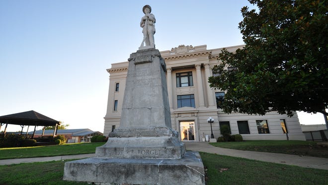 The Confederate Soldier Statue stands outside the Bryan County Courthouse in Durant, Ok. The monument was dedicated in 1918 and erected by the United Daughters of the Confederacy.