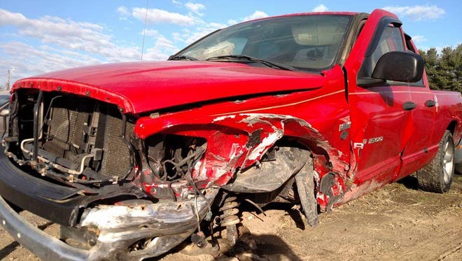 This photo taken by David Warch shows the condition of his truck after it was towed from a vehicle collision on Feb. 21. Warch walked away from the crash with minor bruising because a previous citation for improper seat belt use caused him to be wearing his seat belt correctly at the time of the crash.