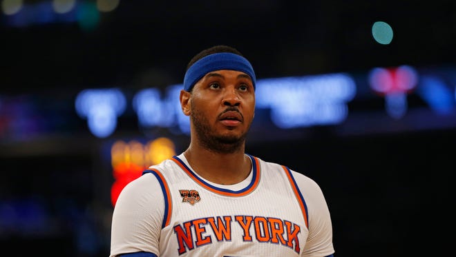 Carmelo Anthony (7) during a break in action against the Chicago Bulls during the first quarter at Madison Square Garden.