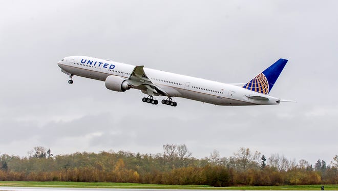 This image provided by United shows the carrier's first Boeing 777-300ER widebody jet.