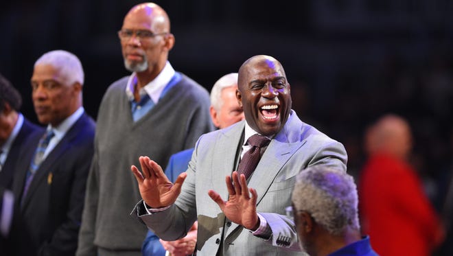 2018: Magic Johnson attends the NBA All-Star Game at Staples Center.