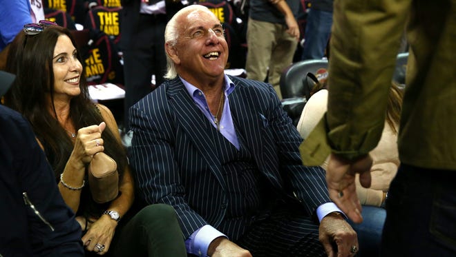 Ric Flair laughs it up prior to Game 3 of the 2017 NBA Finals.