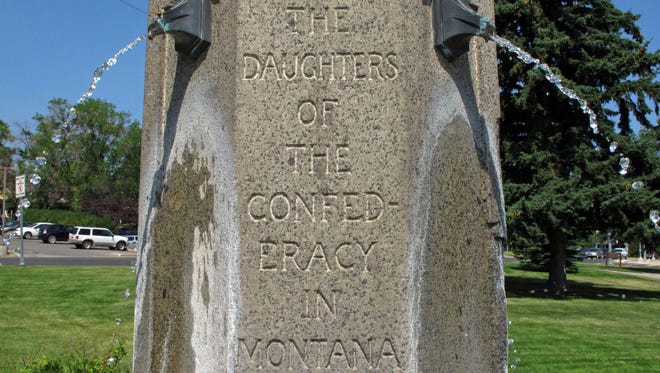 In this July 2, 2015, photo, shows an inscription on a memorial to fallen Confederate soldiers is shown in Helena, Mont.