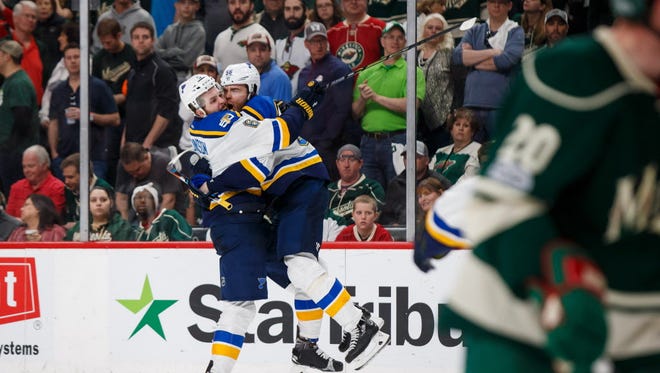 St Louis Blues forward Magnus Paajarvi (56) celebrates his game-winning goal in overtime against the Minnesota Wild in Game 5.