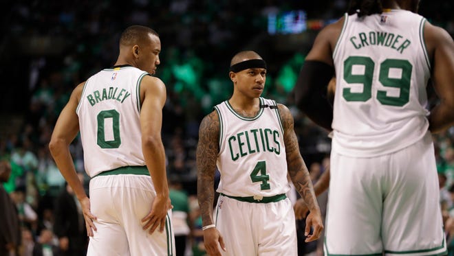 Boston Celtics guard Isaiah Thomas looks on from the court against the Washington Wizards during the first quarter in game five of the second round of the 2017 NBA Playoffs.